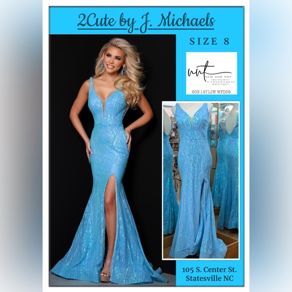 2 Cute Dresses & Skirts - 2Cute by J Michaels 20118 Blue Sequin Mermaid Prom Dress Plunge Neck Gown Size 8